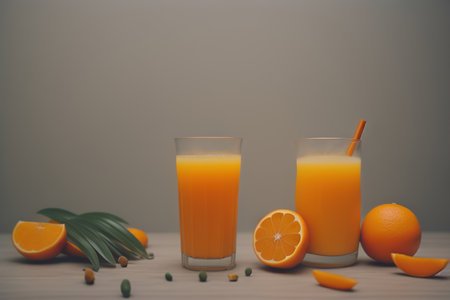 Glass of orange juice and fresh orange fruits. ai generativeの素材