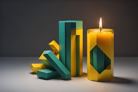 Burning aroma candle on wooden table against solid color background, copyspace. ai generativeの素材