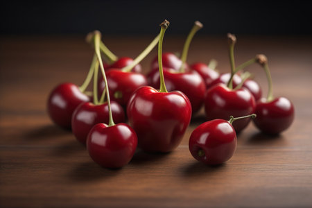 Red cherries on a wooden background. Close up. Selective focus. ai generativeの素材