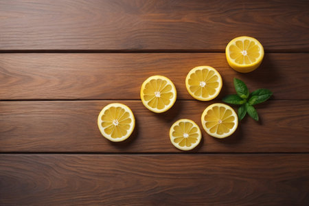 Lemon and slice of lemon on wooden background. Top view. ai generativeの素材