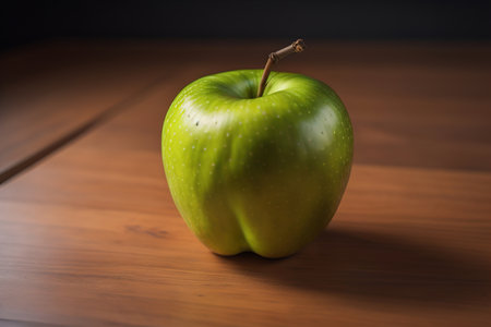 Green apple on a wooden table with dark background, shallow depth of field. The concept of healthy eating. ai generativeの素材