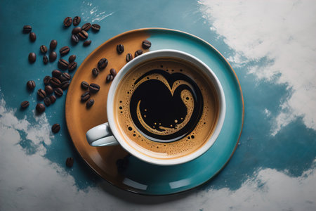 Coffee cup and coffee beans on a wooden table, top view. ai generativeの素材