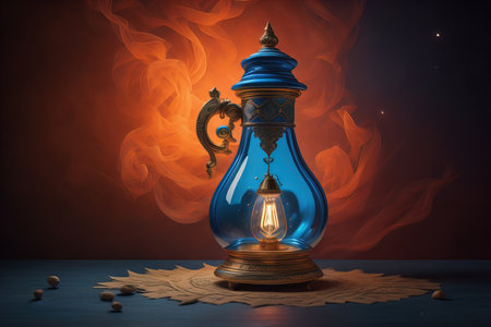 Lantern on a wooden table and a dark background. ai generativeの素材