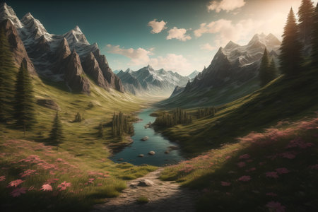 Beautiful fantasy landscape with a river in the mountains. ai generativeの素材