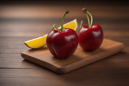 Red cherries on a wooden background. Close up. Selective focus. ai generativeの素材