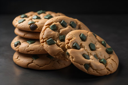 Chocolate chip cookies on orange background. Close up. Selective focus. ai generativeの素材