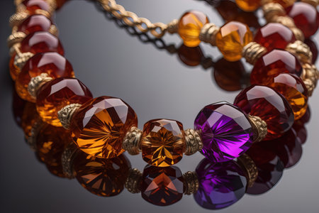 Colorful precious stones necklace on a black background in close-up. ai generativeの素材