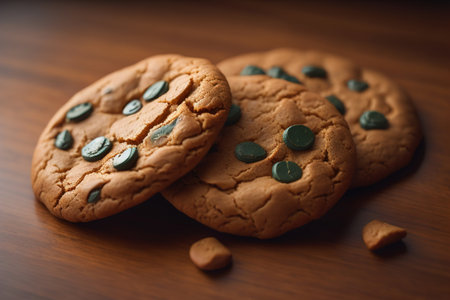 Chocolate chip cookies on orange background. Close up. Selective focus. ai generativeの素材