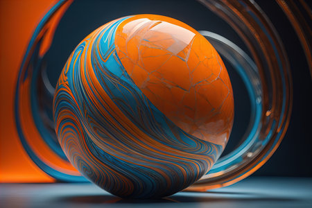 Colorful marble ball on a solid colour background. Close-up. ai generativeの素材