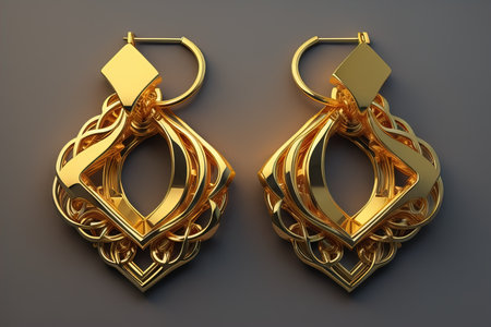 Earrings made of gold on a solid color background close up. ai generativeの素材