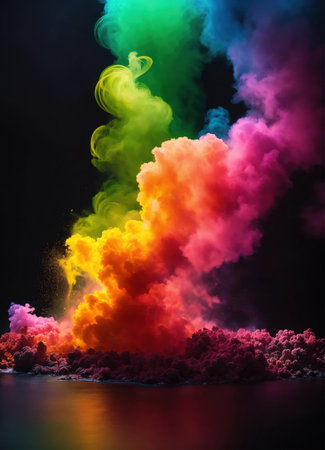 Colorful explosion of colored smoke on a dark background. Abstract backgroundの素材