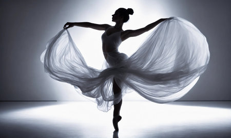 Beautiful ballerina in long dress dancing in studio with lightの素材