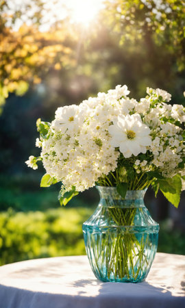 Bouquet of white flowers in a vase on the table.の素材