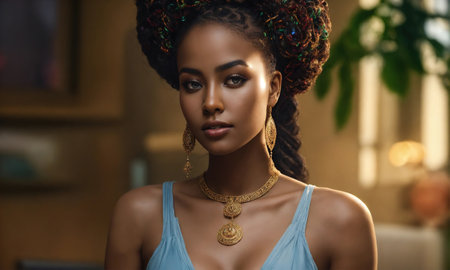 beautiful african american woman with afro hairstyle and jewelryの素材