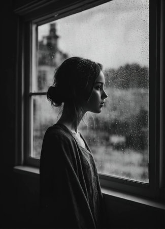 Portrait of a beautiful young woman at the window. Black and white photo.の素材