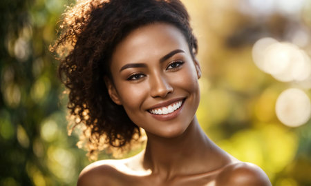 Close up portrait of a beautiful young african american woman smiling outdoorsの素材