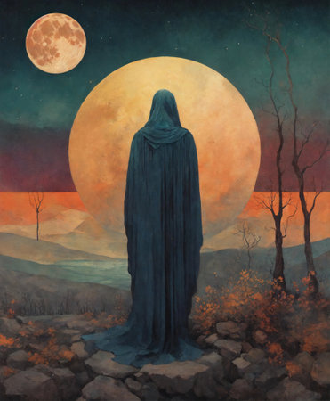 Mysterious woman in a dark blue cloak stands in the forest near the full moon.の素材