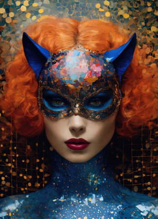 Portrait of a beautiful young woman with bright make up and Venetian mask. ai generative.の素材