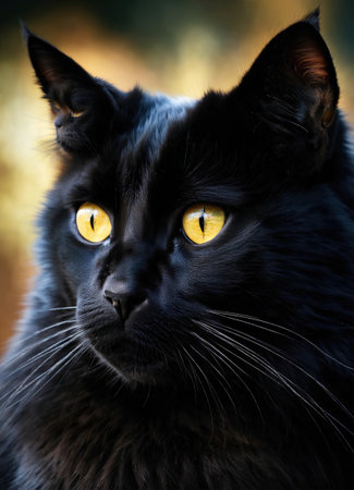 Portrait of a black cat with yellow eyes on a dark background. ai generative.の素材