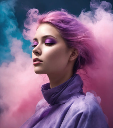 Portrait of a beautiful young woman with pink hair and smoke clouds. ai generative.の素材