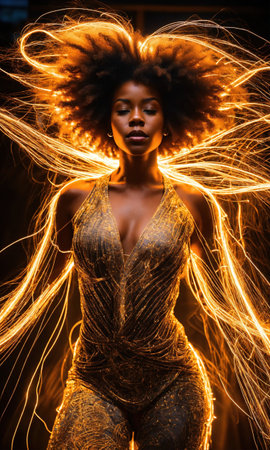 Beautiful african american woman with afro hairstyle and outlined in light. ai generative.の素材