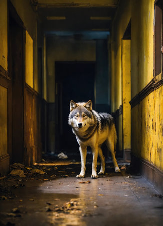 Portrait of a wolf in a dark corridor at night. ai generative.の素材