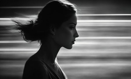 Blurry motion silhouette of a girl with long hair. ai generative.の素材