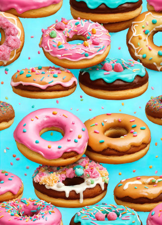 Variety of colorful donuts with sprinkles on blue background. ai generative.の素材