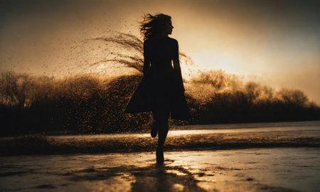 Blurry motion silhouette of a girl with long hair. ai generative.の素材