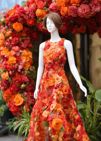 Fashionable evening orange summer dress on a mannequin. ai generative. ai generative.の素材
