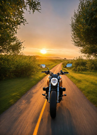 Motorcyclist riding a motorcycle on a country road at sunset. ai generative.の素材