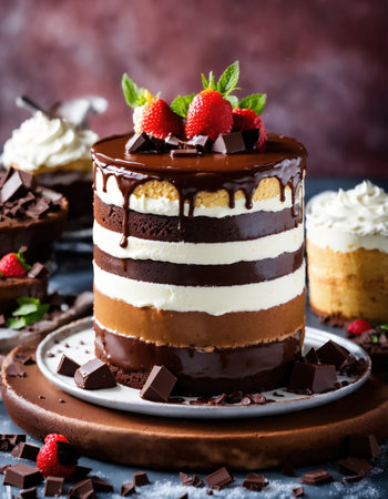 Chocolate cake with whipped cream and fresh fruits on a dark background. ai generative.の素材