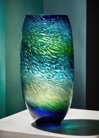 Colorful Decorative glass vase with green and blue pattern on the table. Close up. ai generative.の素材