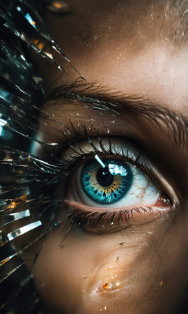 Close up shot of a beautiful woman's eye through broken glass. ai generative.の素材
