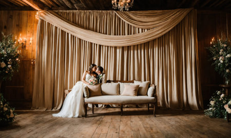 Interior of a rustic room with a beige sofa and curtains. ai generative.の素材