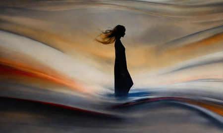 Blurry motion silhouette of a girl with long hair. ai generative.の素材