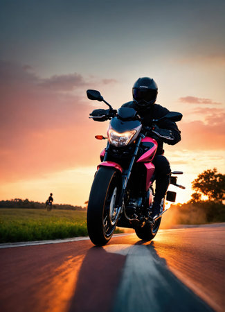 Motorcyclist riding a motorcycle on a country road at sunset. ai generative.の素材