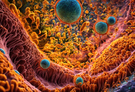 Colorful microorganism cells close up. illustration in high details for medical education and science. ai generative.の素材