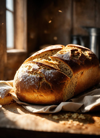 Freshly baked bread with sesame seeds on a wooden board. ai generative.の素材