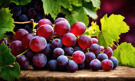 bunch of red grapes with green leaves. Shallow depth of field. ai generative.の素材