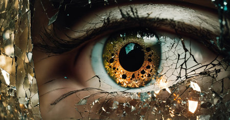 Close up shot of a beautiful woman's eye through broken glass. ai generative.の素材