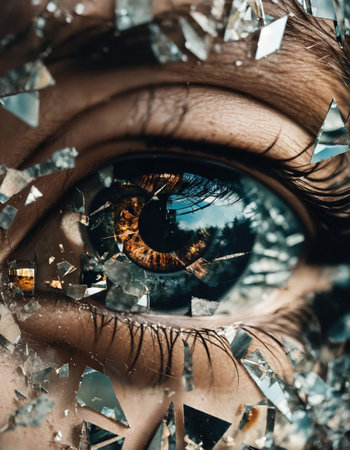 Close up shot of a beautiful woman's eye through broken glass. ai generative.の素材