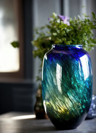 Colorful Decorative glass vase with green and blue pattern on the table. Close up. ai generative.の素材