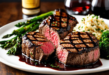 Beef steaks with asparagus and balsamic vinegar. ai generative.の素材
