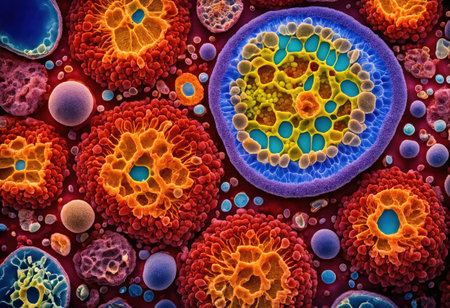 Colorful microorganism cells close up. illustration in high details for medical education and science. ai generative.の素材