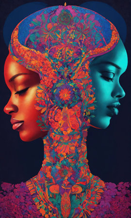 Psychedelic photo of a woman. Abstract Illustration. Vector illustration. ai generative.の素材