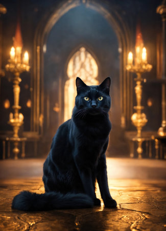 Portrait of a black cat with yellow eyes on a dark background. ai generative.の素材