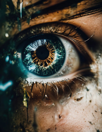 Close up shot of a beautiful woman's eye through broken glass. ai generative.の素材