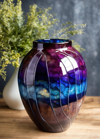 Colorful Decorative glass vase with green and blue pattern on the table. Close up. ai generative.の素材