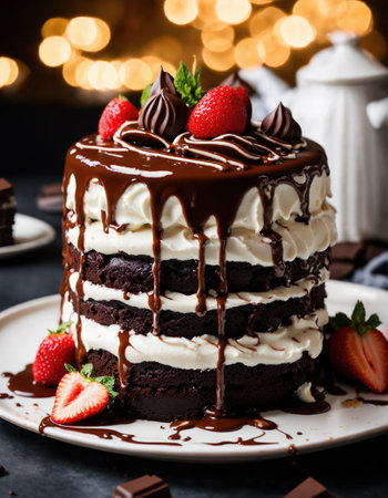 Chocolate cake with whipped cream and fresh fruits on a dark background. ai generative.の素材
